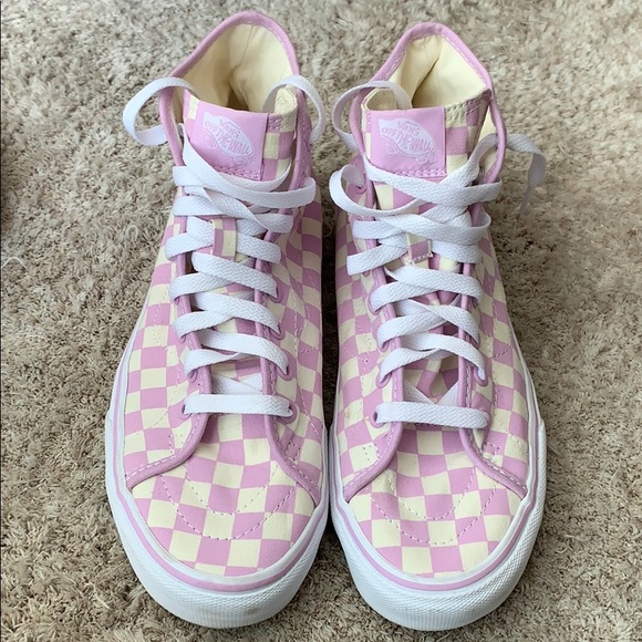 purple checkered high top vans